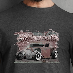 Classic car shirt featuring Rusted Rat Rod Truck with skull emblem and brick backdrop