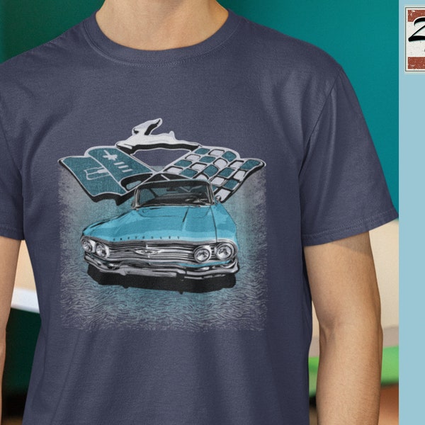 Classic car shirt featuring Blue 1960 Chevy Impala - Unisex Jersey Tee - 60 Chevrolet Impala SS