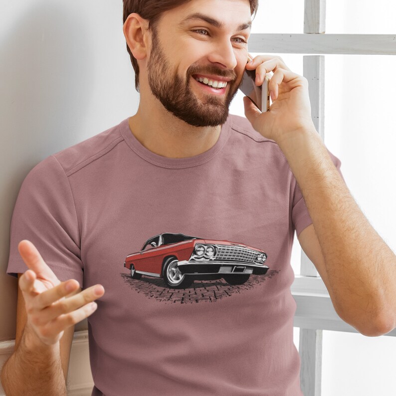 Classic car shirt featuring Red 1962 Chevy Impala - Unisex Jersey Tee - 62 Chevrolet Impala SS