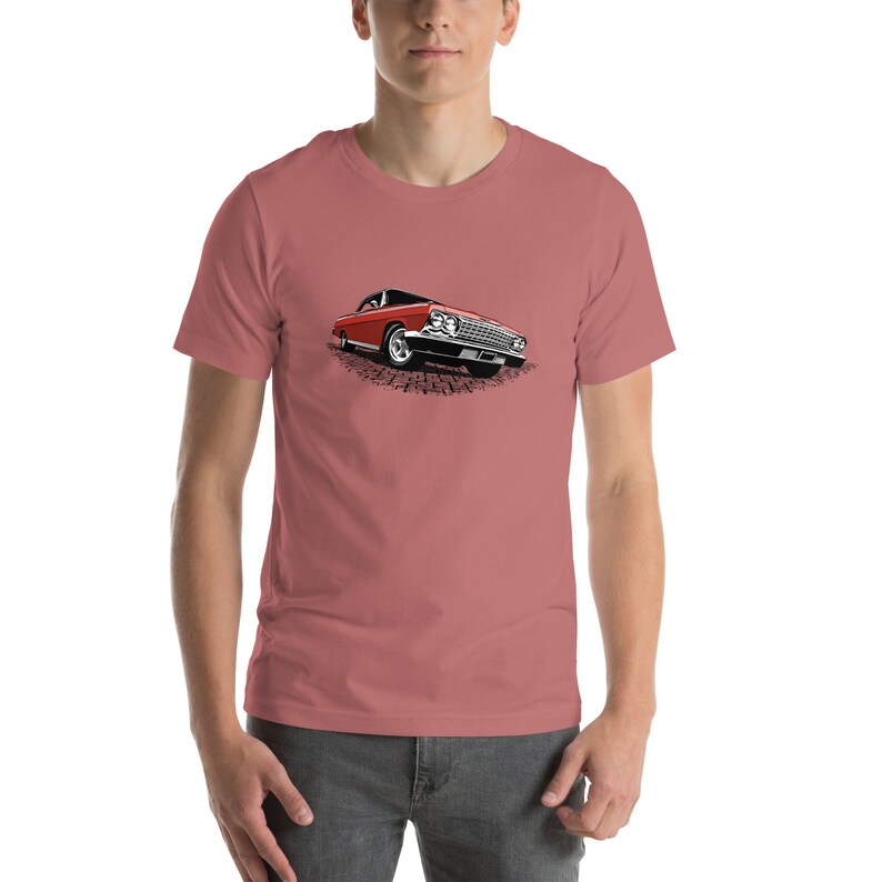Classic car shirt featuring Red 1962 Chevy Impala - Unisex Jersey Tee - 62 Chevrolet Impala SS
