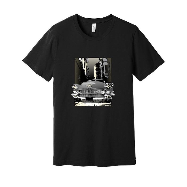 56 Cadillac Unisex Jersey Tee, 1956 Caddy on city street