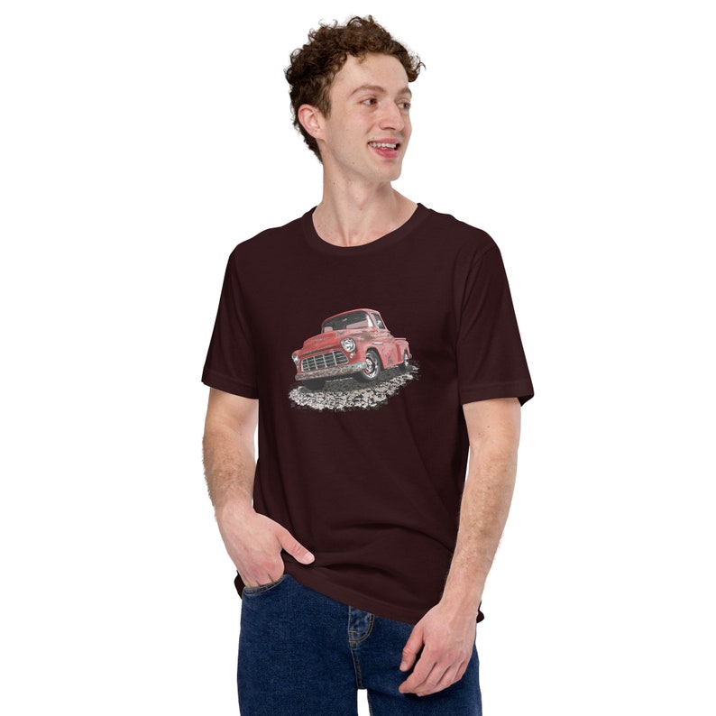 Classic truck shirt featuring rusty red 55 Chevy truck - Unisex T-shirt with rusted classic pickup