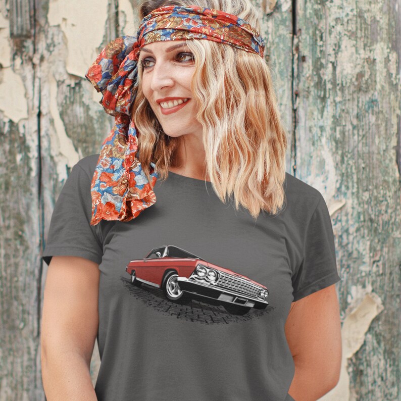 Classic car shirt featuring Red 1962 Chevy Impala - Unisex Jersey Tee - 62 Chevrolet Impala SS