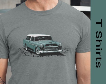 Classic car shirt featuring a 55 Chevy Nomad, 1955 Chevrolet Bel Air Nomad hot rod Teal version