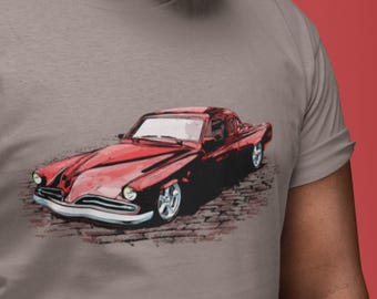 Maglietta con auto d'epoca raffigurante una Studebaker Commander rossa del 1953, Stude