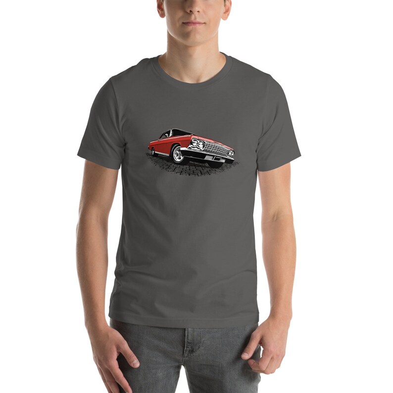 Classic car shirt featuring Red 1962 Chevy Impala - Unisex Jersey Tee - 62 Chevrolet Impala SS