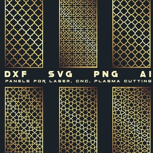May include: Six gold-colored decorative panels with intricate geometric patterns. The panels are arranged in two rows of three, with the file types DXF, SVG, PNG, and AI labeled below. The text "PANELS FOR LASER, CNC, PLASMA CUTTING" is also included.