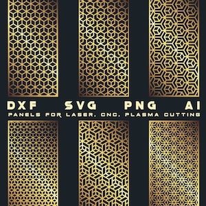 Puede incluir: Conjunto de seis archivos digitales para corte por láser, CNC o plasma. Los archivos presentan patrones geométricos con un esquema de color dorado. Los formatos de archivo son DXF, SVG, PNG y AI.