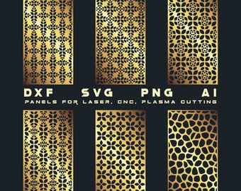 May include: Set of four digital files for laser cutting, CNC, or plasma cutting. The files include a variety of geometric patterns in gold, including a floral design, a geometric design, and a more organic design.