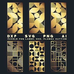 May include: Set of four geometric patterns in gold and black. The patterns are made up of circles, squares, and lines. The patterns are labeled DXF, SVG, PNG, and AI. The text "Panels for Laser, CNC, Plasma Cutting" is below the labels.