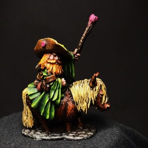 Könnte beinhalten: Eine Miniaturfigur eines bärtigen Zwergs, der auf einem braunen und weißen Pony reitet. Der Zwerg trägt einen grünen Umhang und einen braunen Hut mit einem roten Juwel. Er hält einen Holzstab mit einer rosa Blume oben drauf.