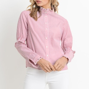 Red Stripe Ruffle Collar Cotton Blouse: Puff Sleeve, Victorian Style
