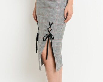 Classic Black Plaid Pencil Skirt with Velvet Tied Slit- Timeless Style for Work or Play, Basic Skirt, Velvet Ribbon Detail