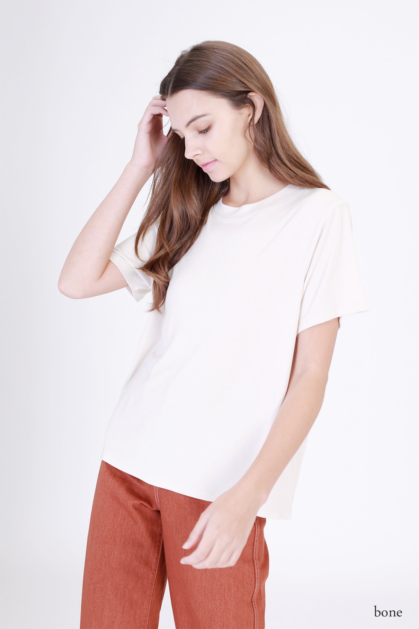 Soft Beige Modal Top with Round Neck - Short Sleeve Basic Tee