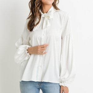 Elegant Off-White Satin Tie Neck Blouse - Herringbone Texture - Long Sleeve Top