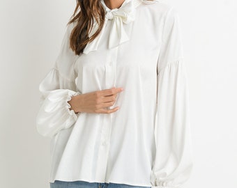 Elegant Off-White Satin Tie Neck Blouse - Herringbone Texture - Long Sleeve Top