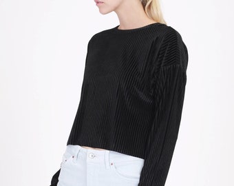 Black Ribbed Velvet Drop Shoulder Long Sleeve Crop Top