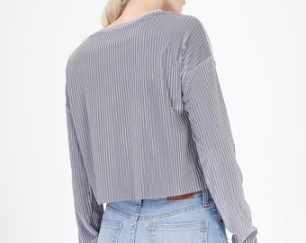 Chic Blue Velvet Crop Top with Ribbed Texture: Drop Shoulder, Long Sleeve, Basic & Stylish Women's Top