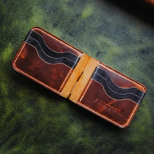 Cartera de piel de grano completo para hombre, billetera plegable hecha a mano con clip para billetes, cierre de piel de alta calidad con doble pliegue, billetera de piel marrón y negra encerada
