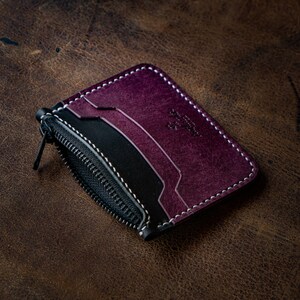 Cartera de cuero minimalistas, Cartera de bolsillo delantero delgado, Monedero de cuero, Mini cartera con cremallera imagen 2