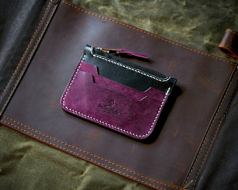 Cartera de cuero minimalistas, Cartera de bolsillo delantero delgado, Monedero de cuero, Mini cartera con cremallera imagen 1