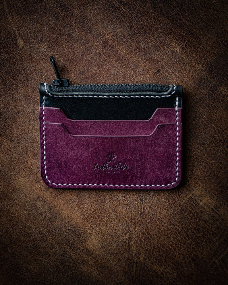Cartera de cuero minimalistas, Cartera de bolsillo delantero delgado, Monedero de cuero, Mini cartera con cremallera imagen 5