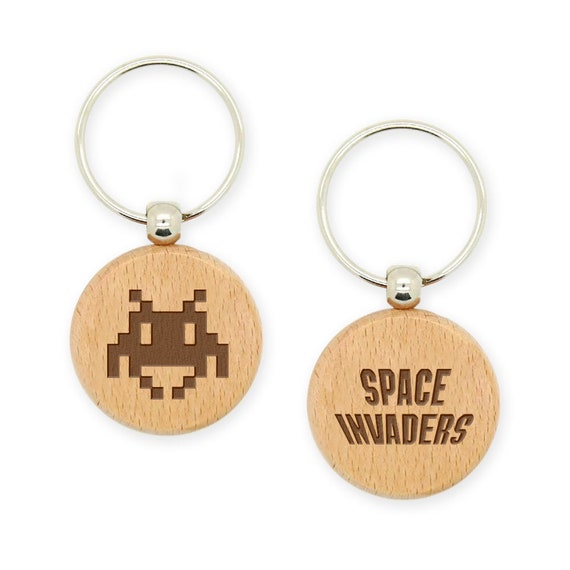 Double Sided Engraved Wooden Keychain Space Invaders Etsy