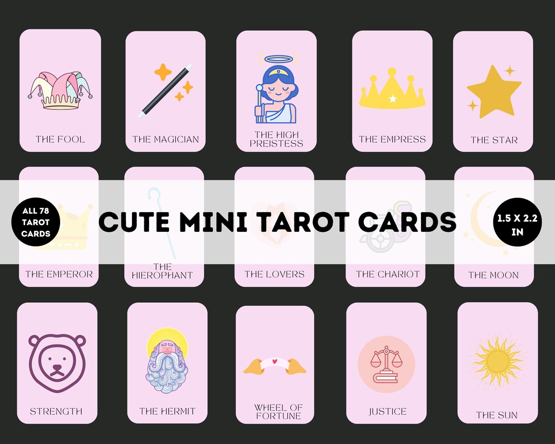 Cute Mini Tarot Cards, All 78 Tarot Cards, Print at Home, Pink Sketch