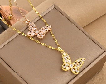 Halskette Schmetterling Anhänger Gold und Róse Valentinstag Partnergeschenk für Sie Ostern