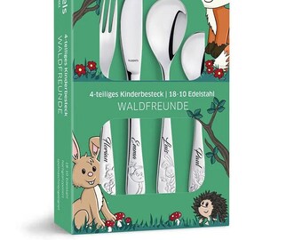 Kinderbesteck mit Gravur Wald-Freunde 4-teilig Personalisiert Taufgeschenk mit Namensgravur