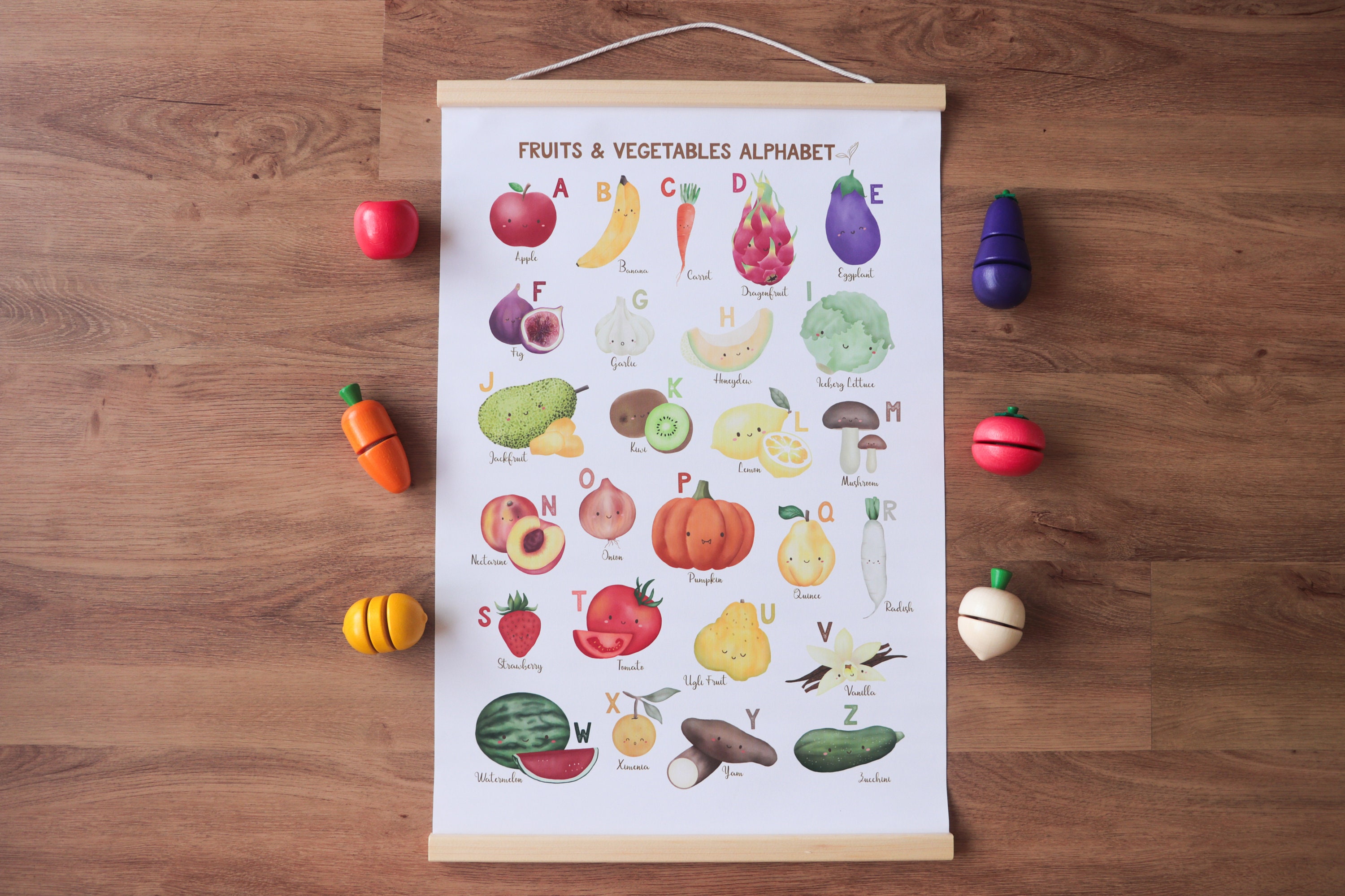 Framed Watercolor Fruits & Vegetables Alphabet Canvas Poster || ABC Poster, Educational Art, Kids Room Decor, Nursery Decor