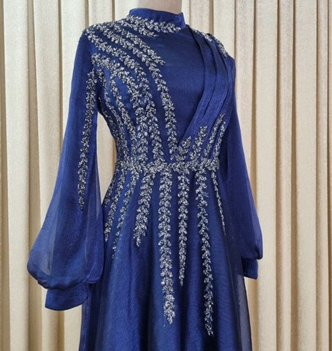 Muslim Dress, Navy Blue Organza Fabric Dress, Evening Gown - Etsy