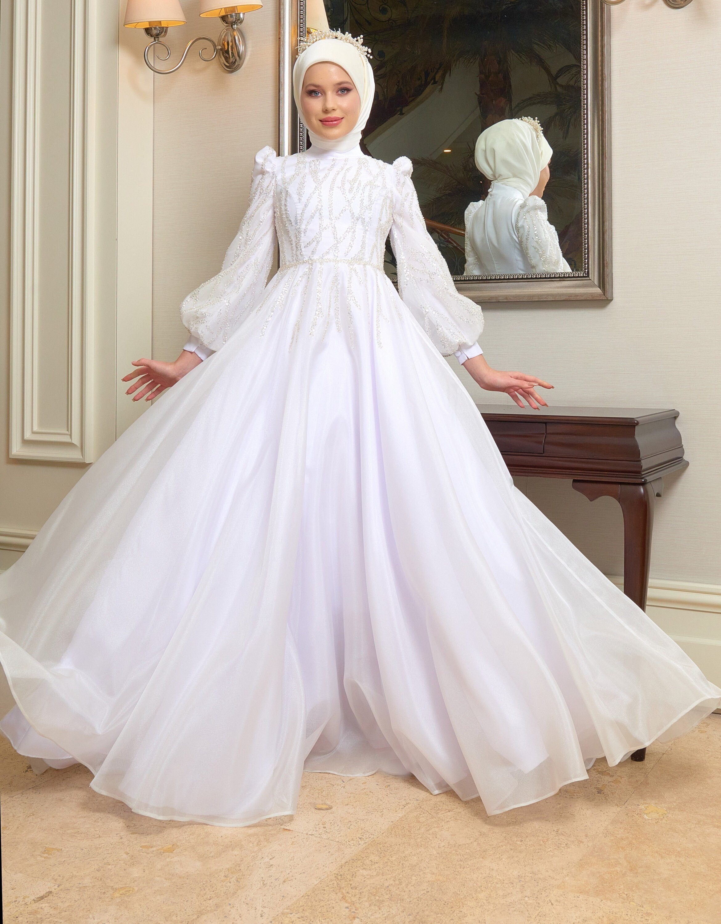 Princess High Neck Muslim Wedding Dresses Ball Gown Long Sleeves Lace  Appliques | eBay