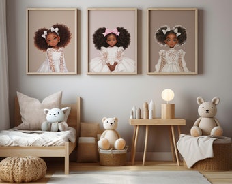 May include: Three framed prints of illustrations of young girls with brown skin and dark curly hair wearing white dresses and pink bows. The prints are hanging on a light beige wall above a wooden table with a lamp and toys.