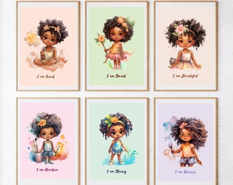 May include: Six colorful illustrations of young girls with afro hair, each with a different background color and a positive affirmation. The affirmations are "I am Kind", "I am Smart", "I am Beautiful", "I am Creative", "I am Strong", and "I am Curious".