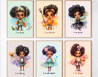 May include: Six colorful printable posters featuring illustrations of Black girls with different personality traits. Each poster has a watercolor background and the text "I am" followed by a positive affirmation.