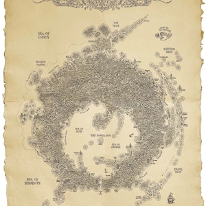 Grande mappa di Ulthuan (Warhammer) – illustrata, stampata a mano su carta con bordi frastagliati fatta a mano