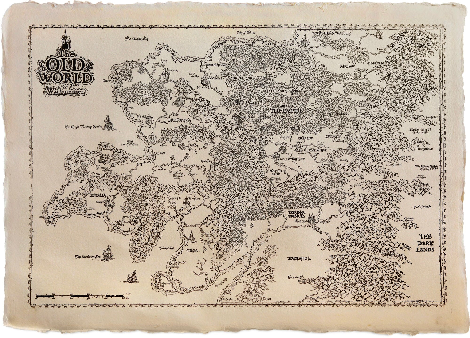 旧世界地図（ウォーハンマー） - 手作りのデッケルエッジ紙に
