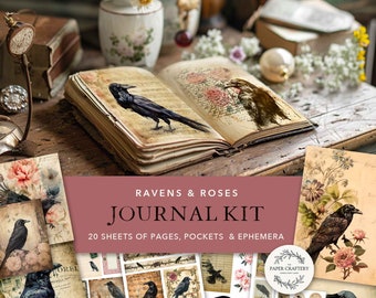 Ravens & Roses Junk Journal Kit, Ephemera Papers, Birds, Flowers, Roses, Old and Rustic, Shabby Vintage Craft, Printable Digital Download