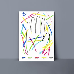 May include: A white background with a black handprint in the center. The handprint is surrounded by colorful lines in blue, green, yellow, pink, and red.