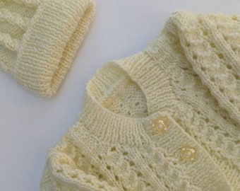 Cute Pastel Yellow Baby Cardigan and Beanie!