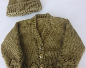 V neck baby cardigan & matching hat.