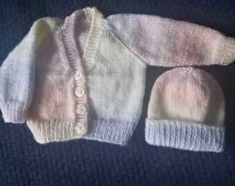 V neck Rainbow coloured baby cardigan & matching hat.