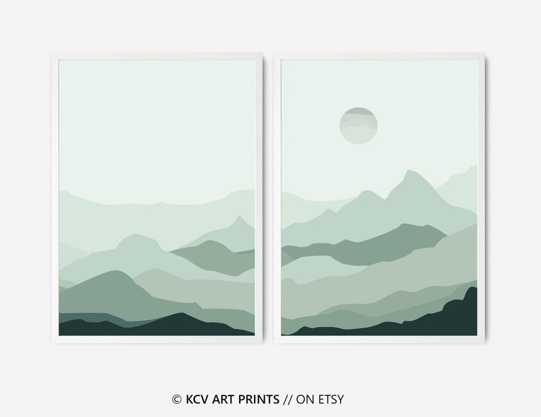 Set of 2 Piece Mint Green Wall Art, Abstract Landscape, Minimalist