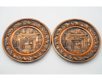 Vintage Coppercraft Guild 10.25" Wall Plates Hearth Fireplace Set of 2