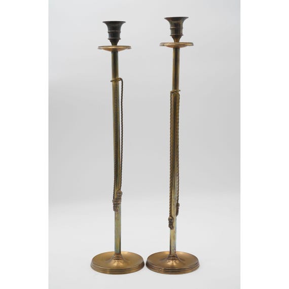 Vintage 18" Brass Candlestick Pair with Rope & Tassel - Hollywood Regency