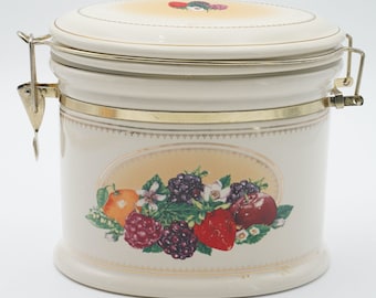 Vintage Knotts Berry Farm Foods Ceramic Canister w/ Metal Clamp Lid Fruit Motif