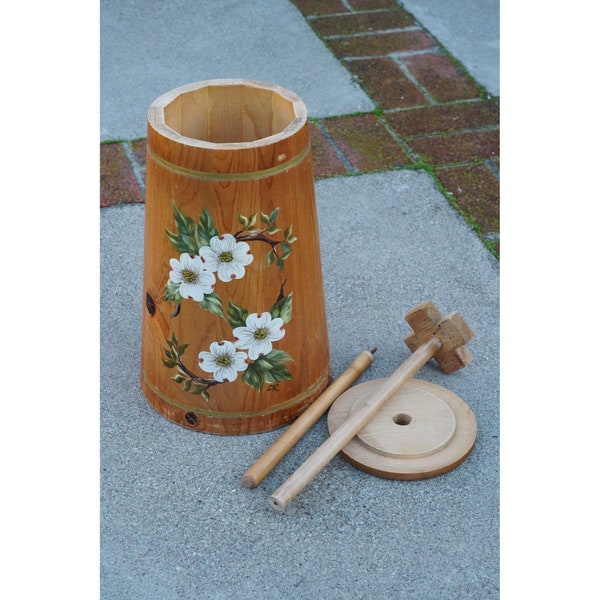 Vintage Wooden Butter Churn Hand Painted Country Farmhouse Folk Art Dogwood Flowers Kitchen Porch Decor Made in Tennessee