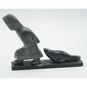 Vintage Inuit Soapstone Hand Carving Sculpture Hunter Dragging Seal Canada - Parkinson Soapstone Studio