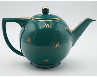 Vintage Hall 0740 6-Cup Star Teapot & Lid Green, Gold Star Motif Made in USA